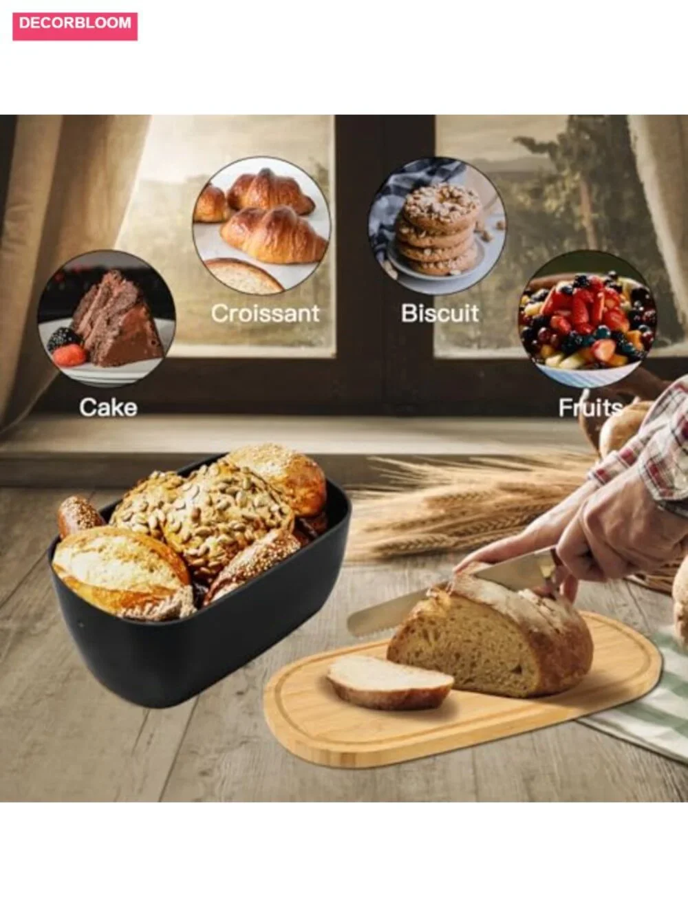 Bamboo Fiber Bread Box with Reversible Cutting Board Lid, Ventilated Kitchen
